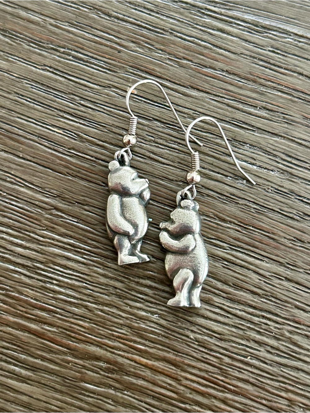 Pewter & Silver Winnie The Pooh Bear Shaped Charm Earrings